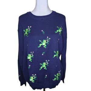 Vintage 70s Tree Frog Embroidered Sweater Womens Size XL Blue